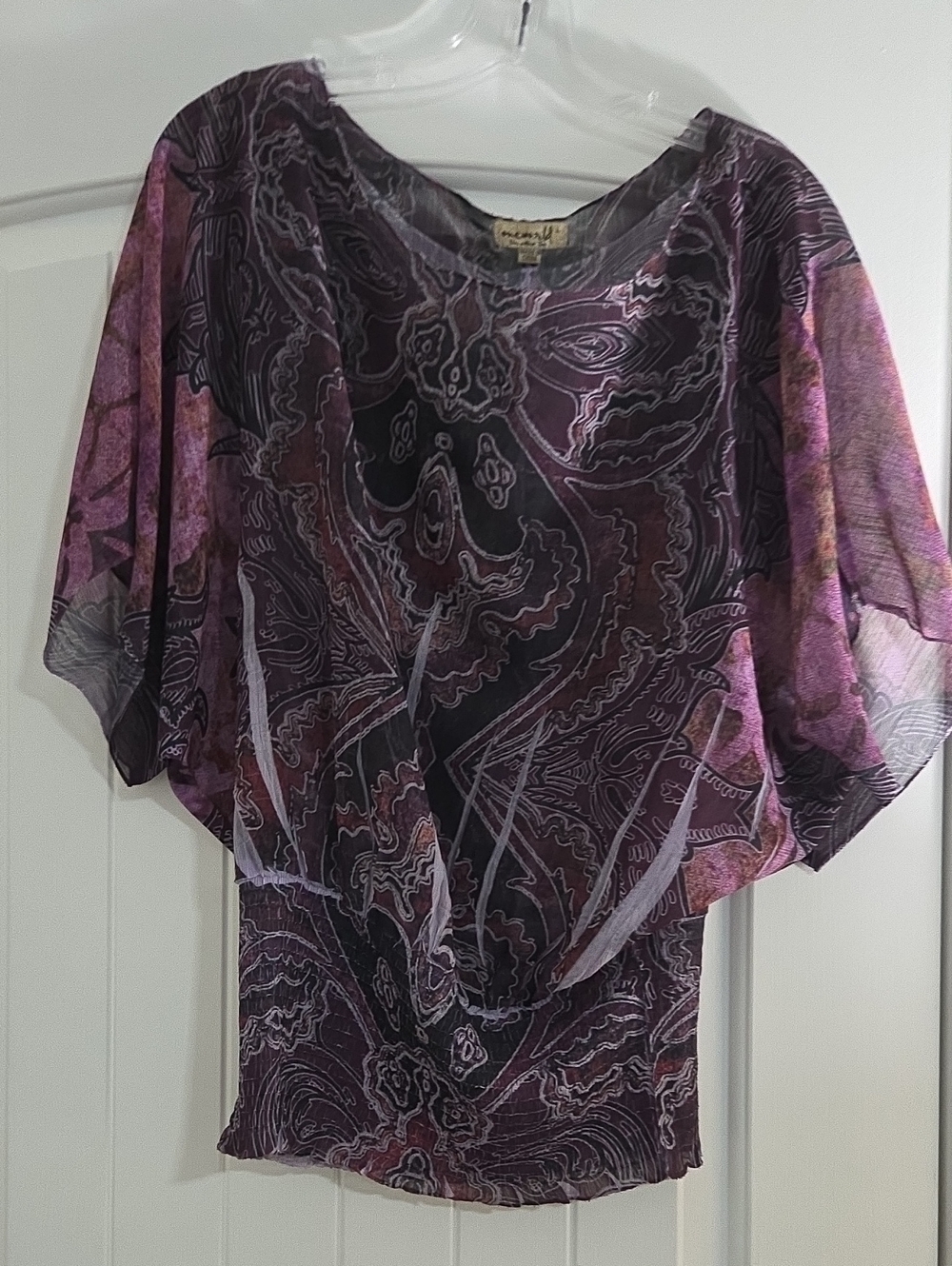 ONE WORLD Purple Sheer Patterned Batwing Blouse